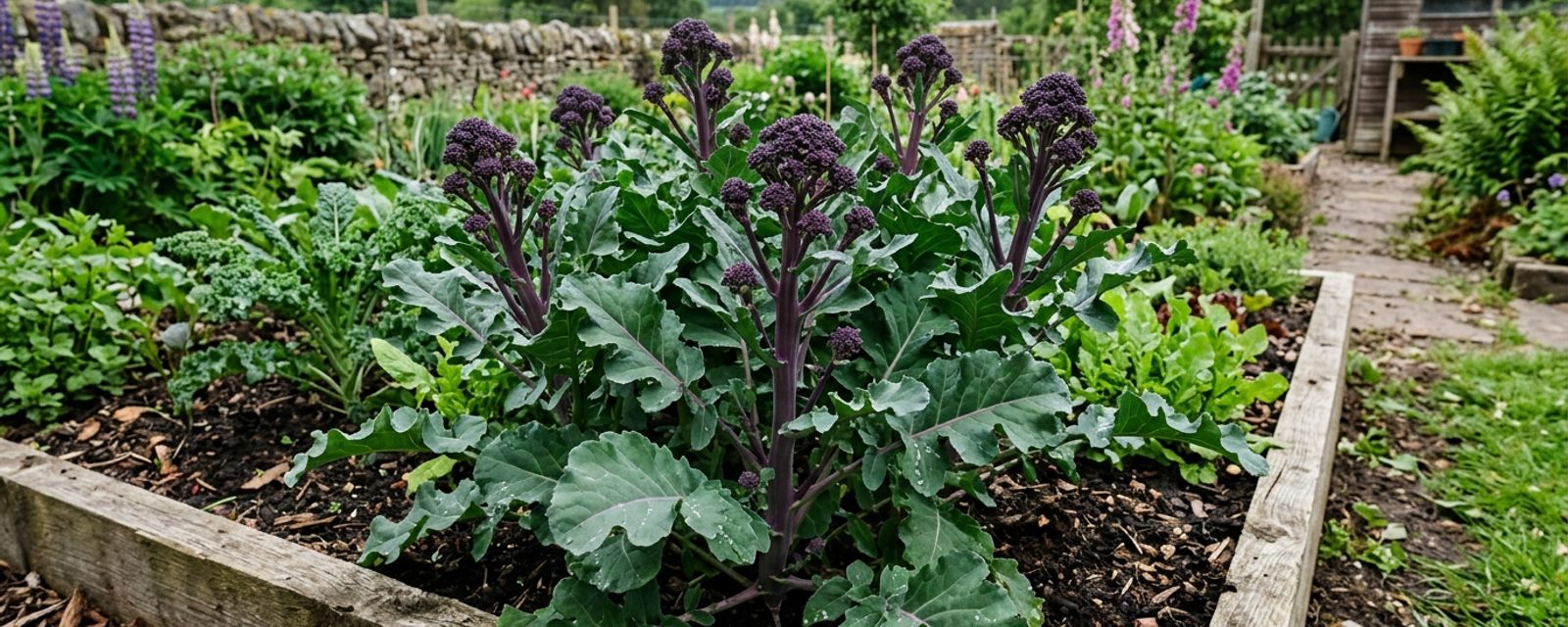 Claret purple sprouting broccoli, with deep claret-purple spears among the leaves