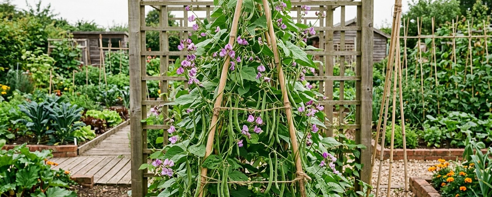 Cobra climbing French beans with mauve flowers and slender green pods on a cane wigwam