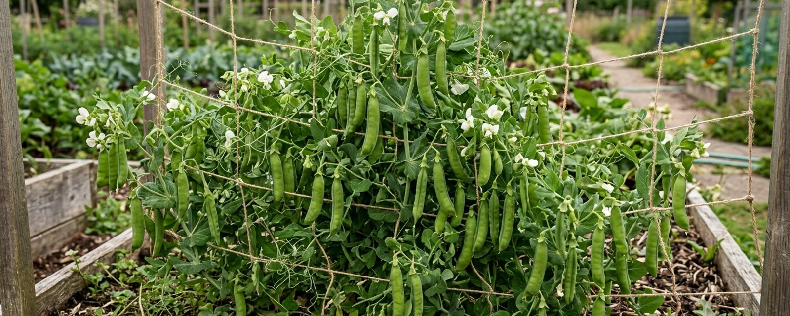 Hurst Green Shaft peas: long, well-filled pods densely packed on the plant