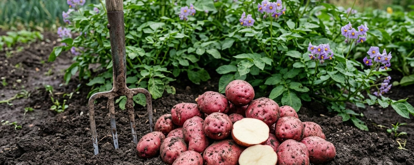 Freshly dug Sarpo Mira potatoes with deep red-pink skin, beside the plant's purple-blue flowers