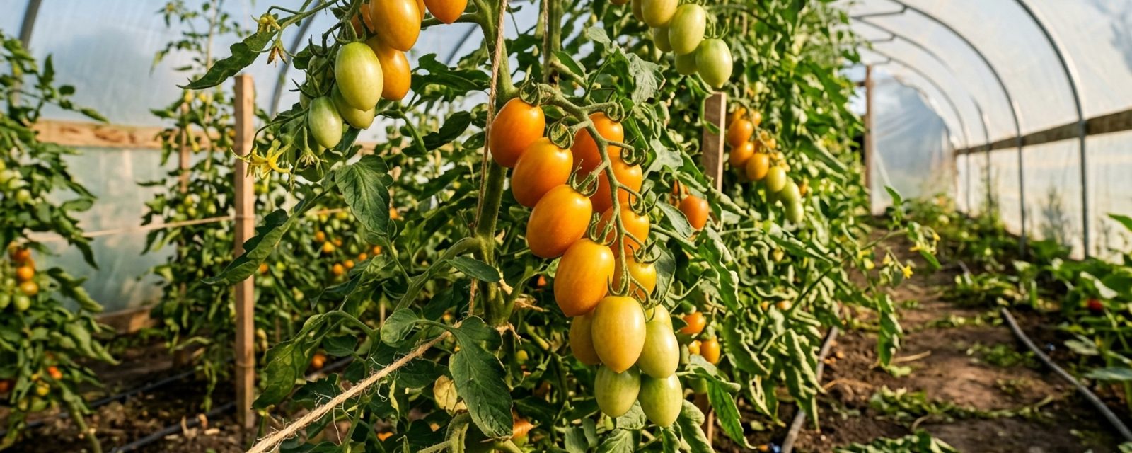 Sungold cherry tomatoes, golden-orange and egg-shaped, ripening on the vine in a Scottish polytunnel