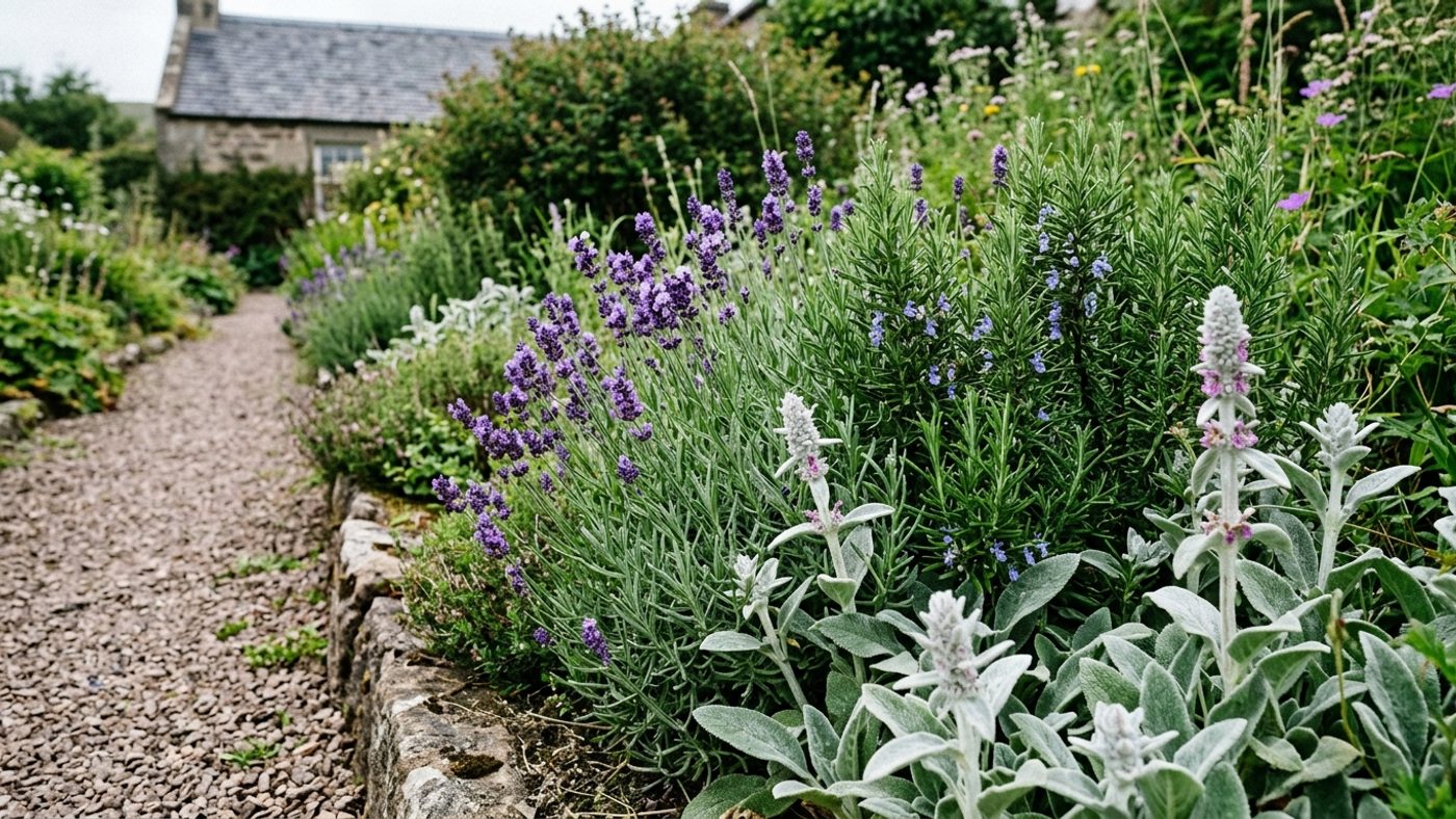 Lavender, rosemary and soft lamb's ears foliage growing close together at the edge of a garden path
