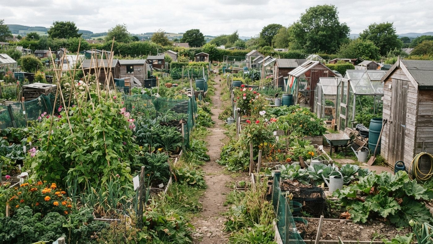 A view along a row of allotment plots showing the density of long-established cultivation