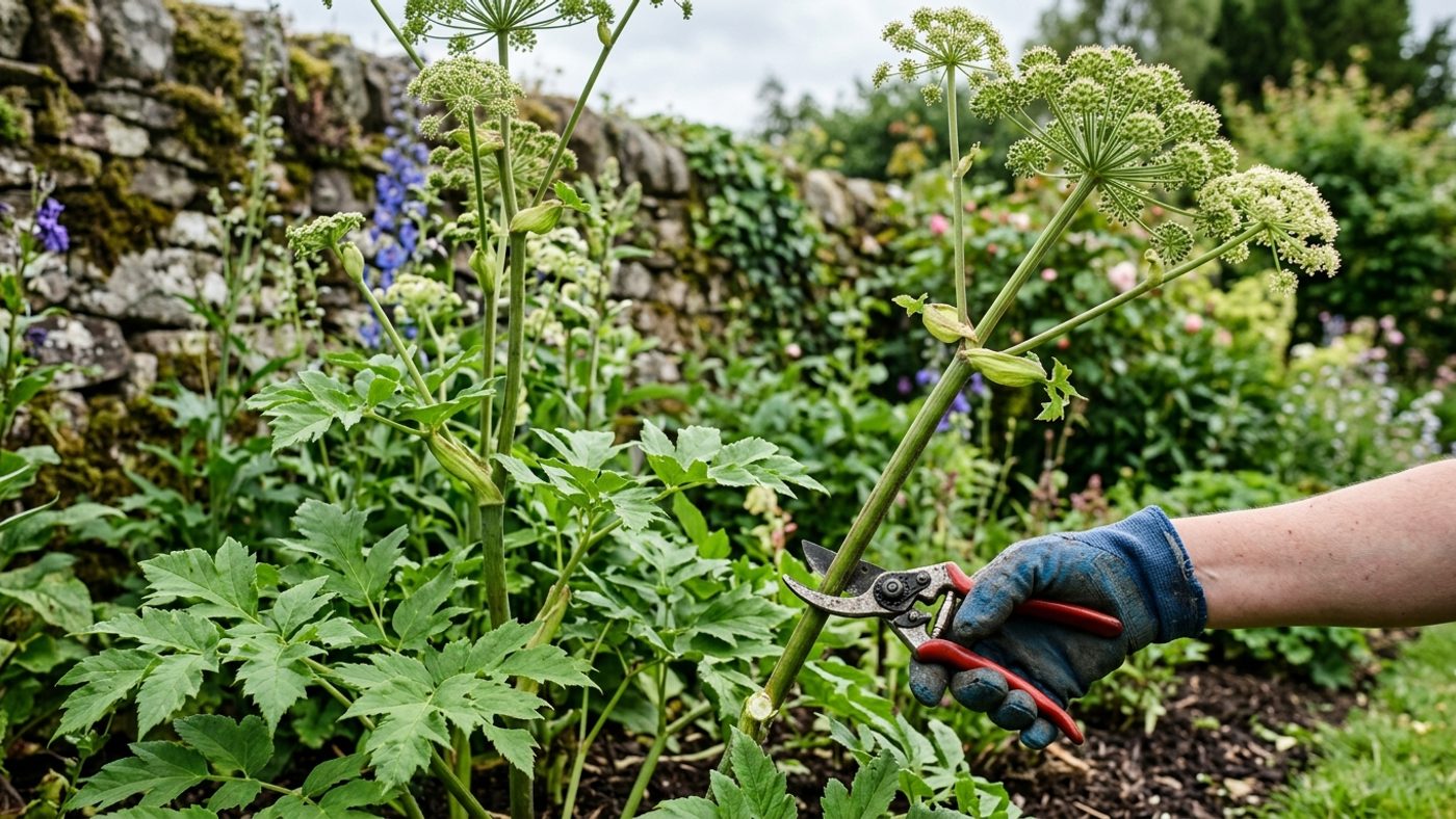 Secateurs cutting off angelica flower stems before they set seed, to help the monocarpic plant survive a second year