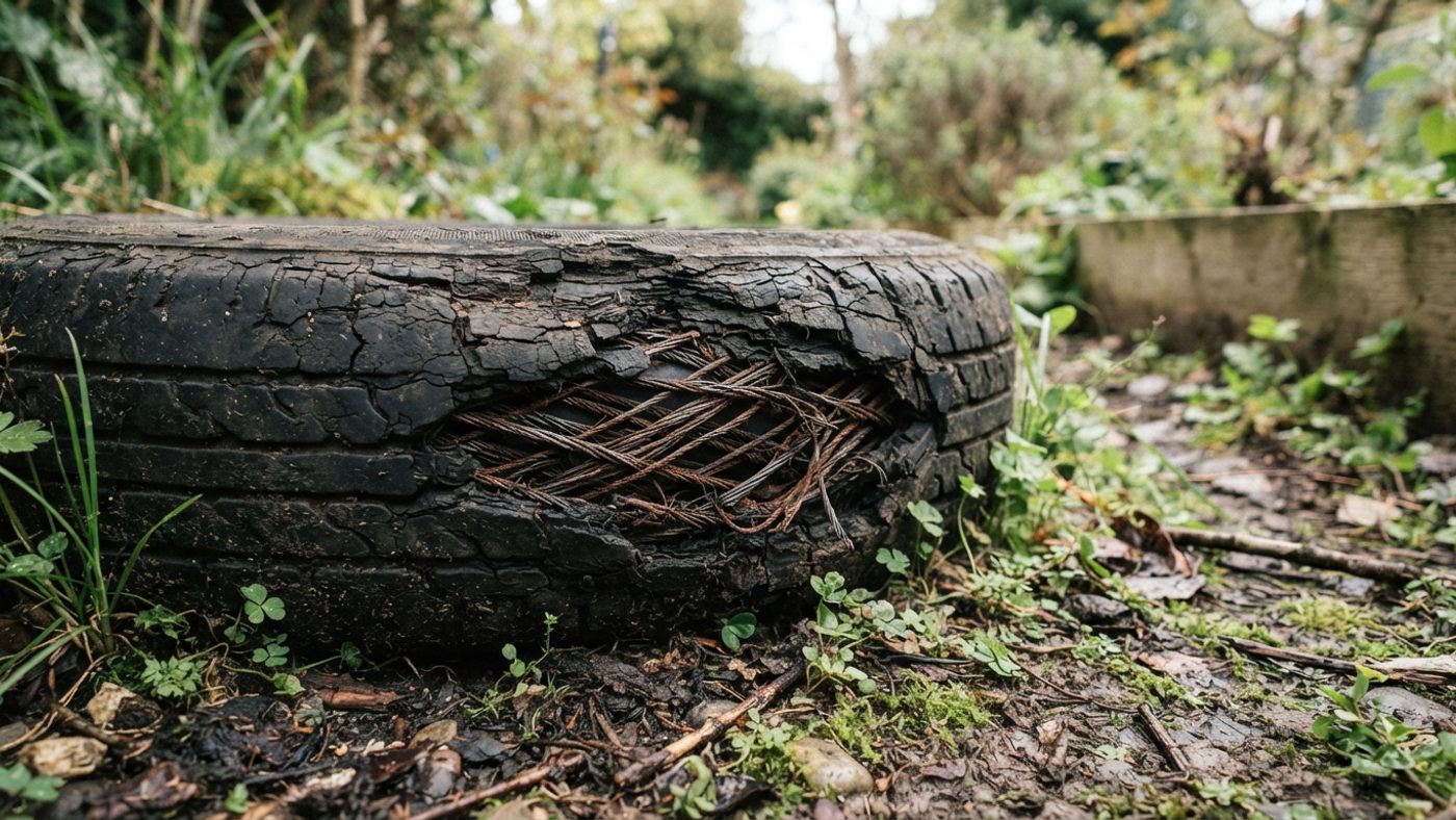 A close-up of a cracked, weathered tyre sidewall with the steel belting exposed