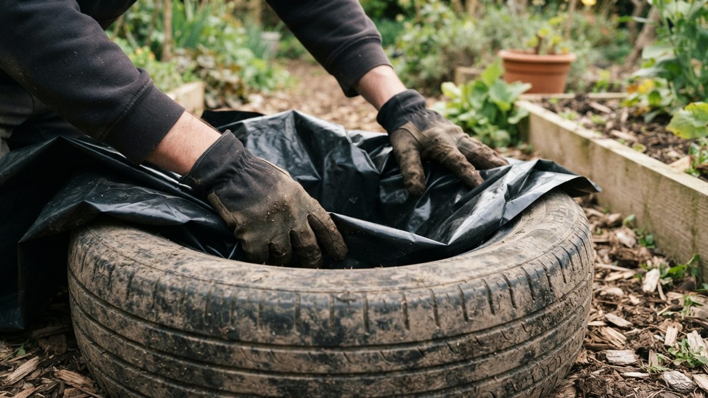 Hands lining the inside of a tyre planter with plastic sheeting before filling it with soil