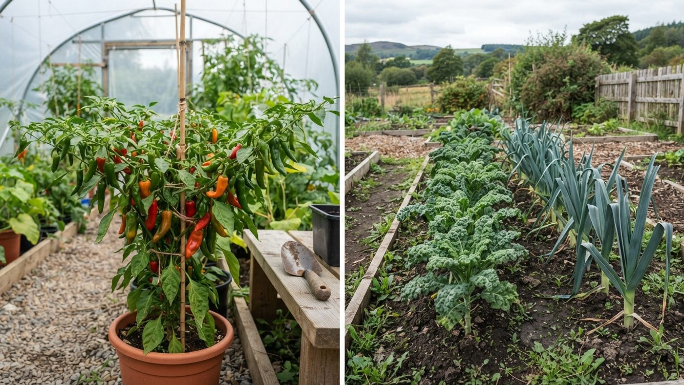 A chilli plant heavy with fruit growing under cover next to a row of kale and leeks thriving outdoors unprotected