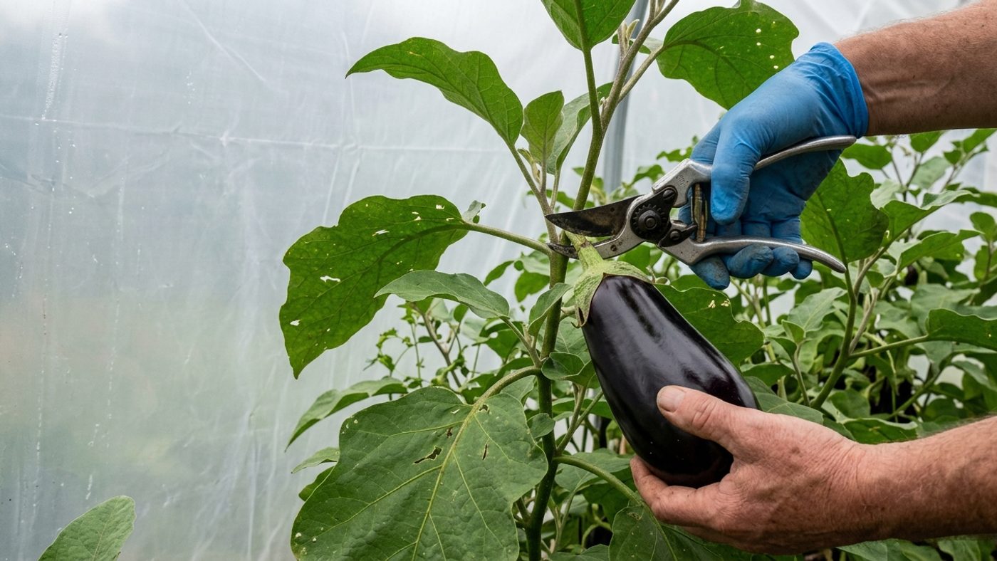 Secateurs cutting a large glossy black aubergine from the plant leaving about 2cm of stalk attached