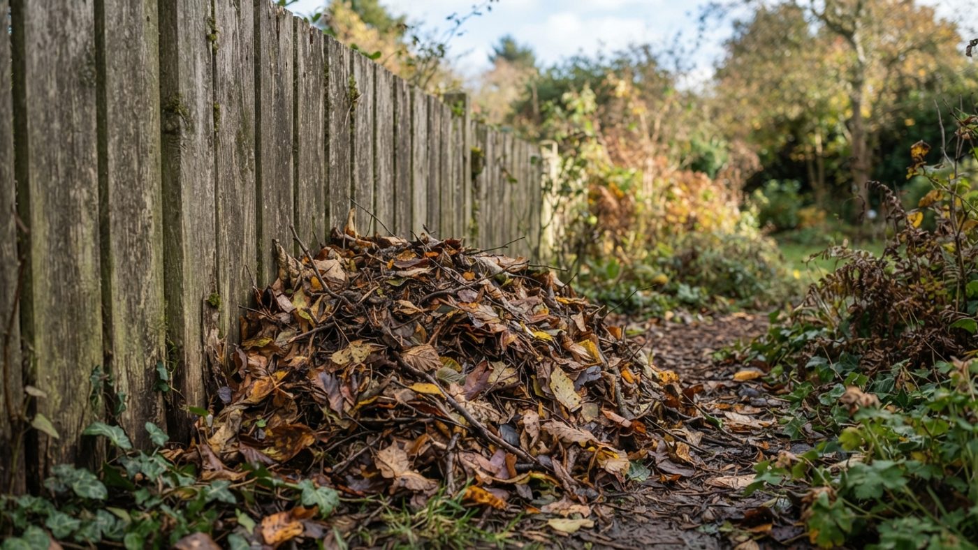 A loose pile of leaves and twigs built against a fence as overwintering habitat