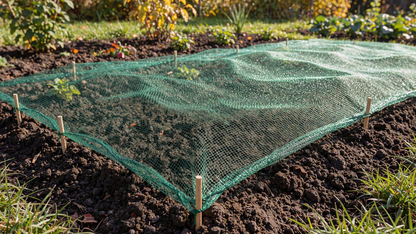 A newly planted bed covered with fine green netting pinned down at the edges