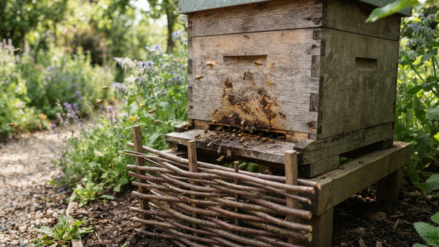 A close-up of a beehive entrance facing away from a path with a low screen in front