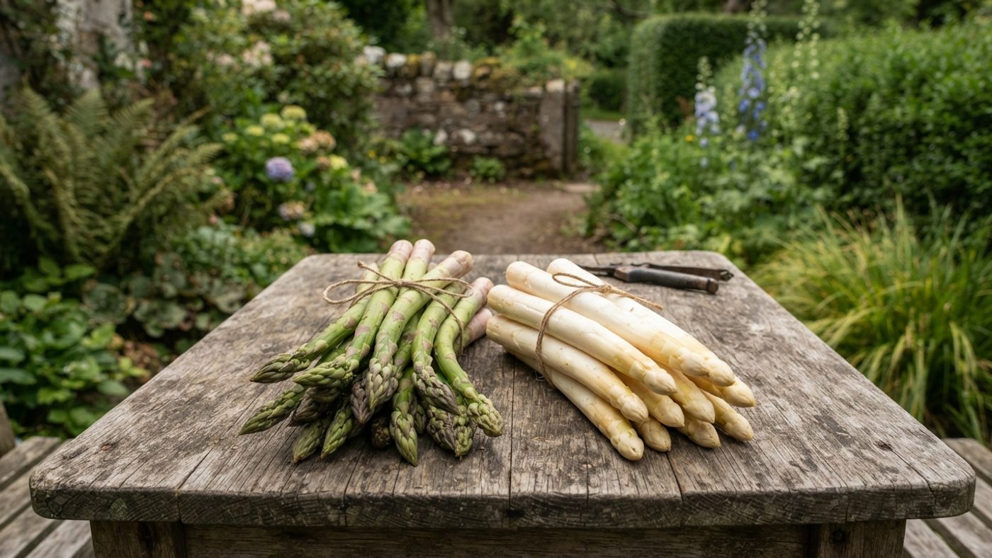 A bundle of green asparagus spears next to a bundle of pale white blanched asparagus spears