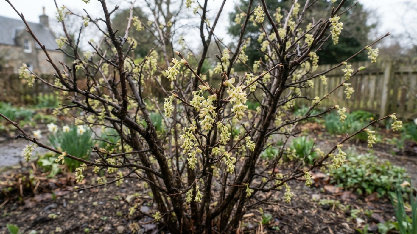 A blackcurrant bush with small pale flower clusters opening on bare branches before the leaves unfurl
