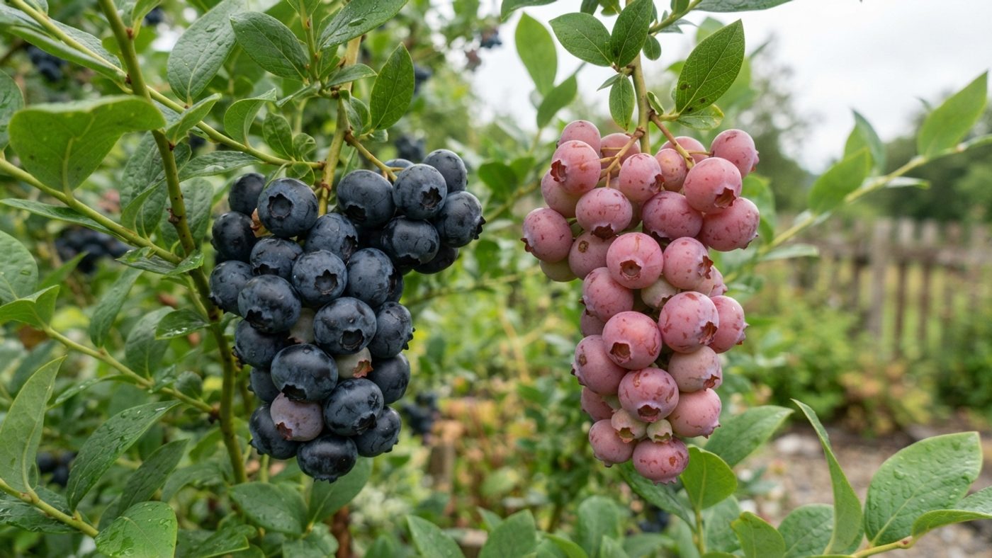 A cluster of dusky blue-black blueberries next to a cluster of pink blueberries