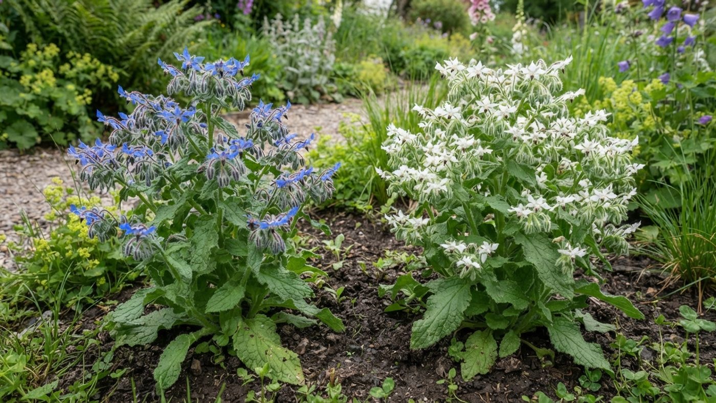 A borage plant with bright blue star-shaped flowers next to a borage plant with white star-shaped flowers