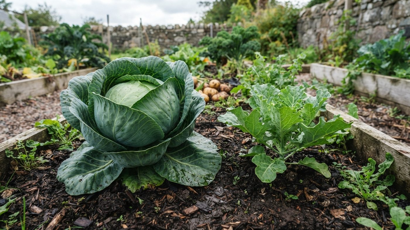 A large, fully hearted mature cabbage head next to a small young unhearted cabbage plant with loose open leaves
