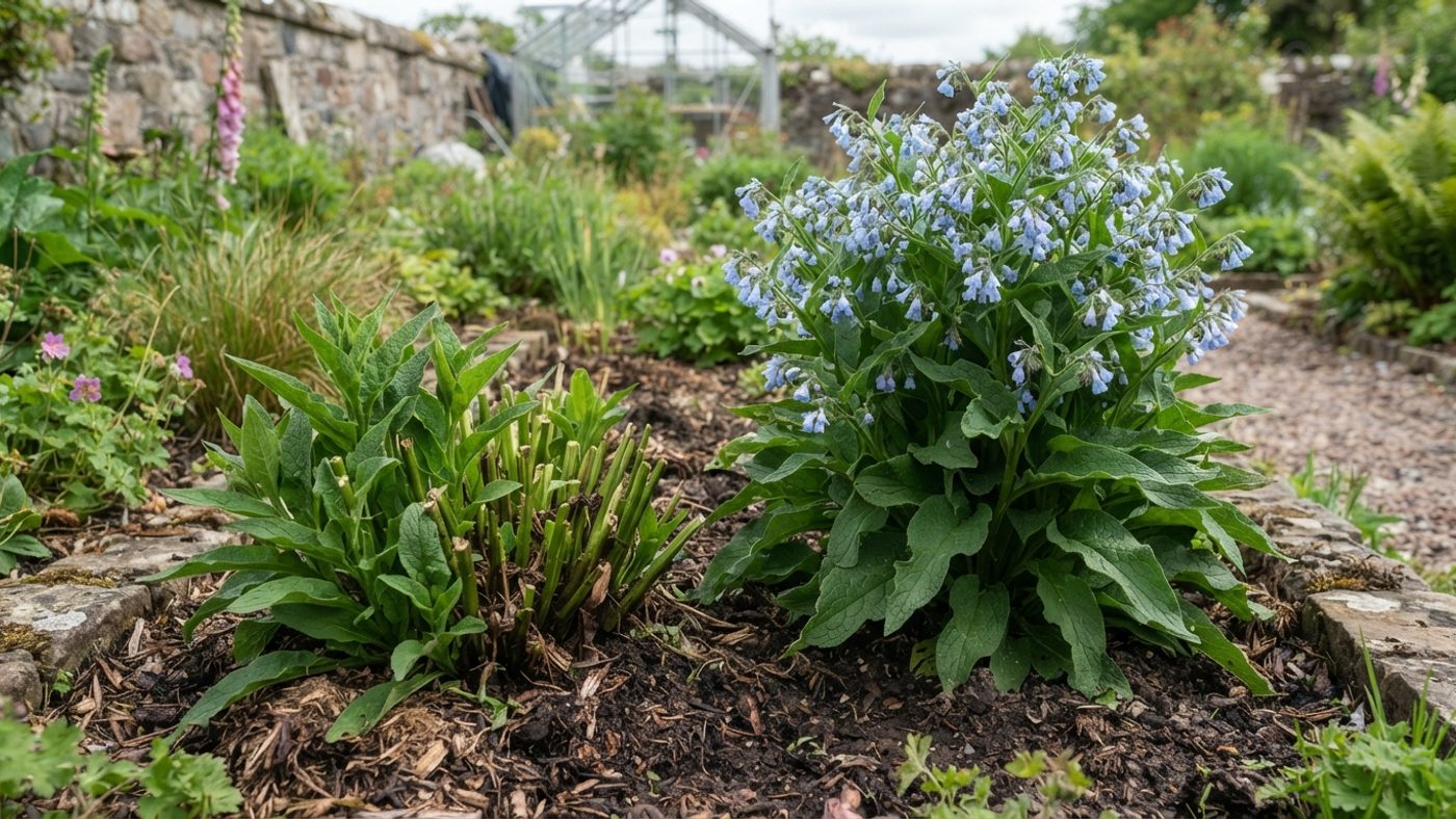 A comfrey plant cut low for feed regrowth next to an uncut ornamental comfrey plant in flower