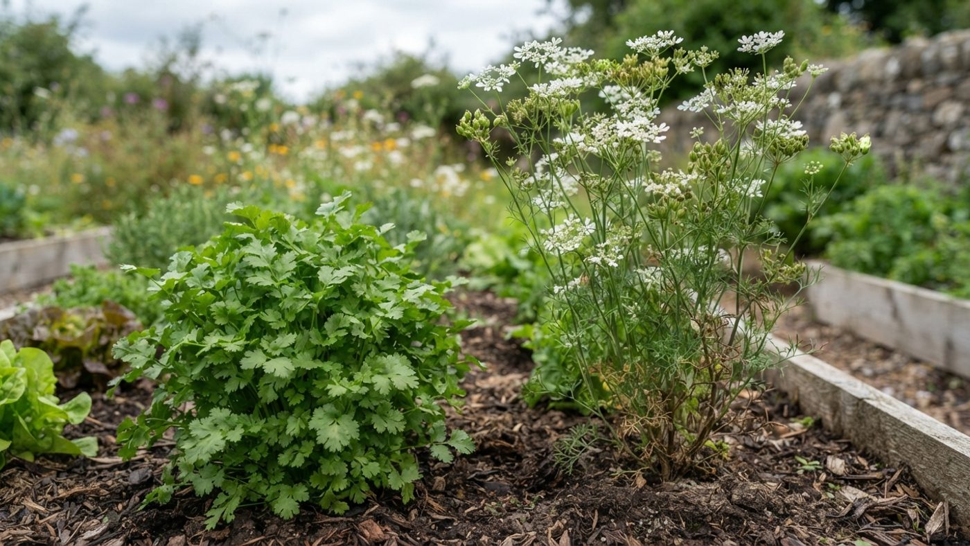 A bushy, leafy coriander plant next to a taller bolted coriander plant with white flowers and forming seed heads