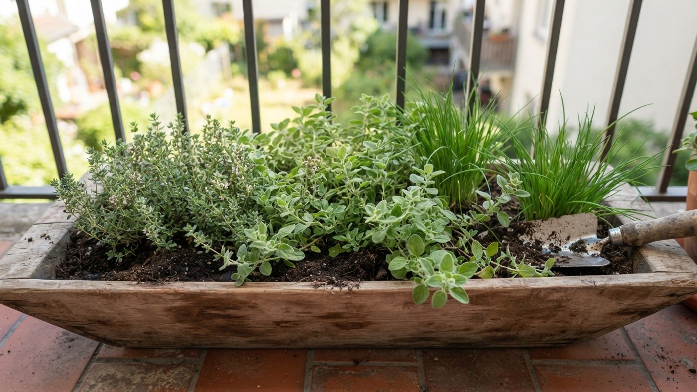 A wide trough of thyme, oregano and chives growing on a balcony