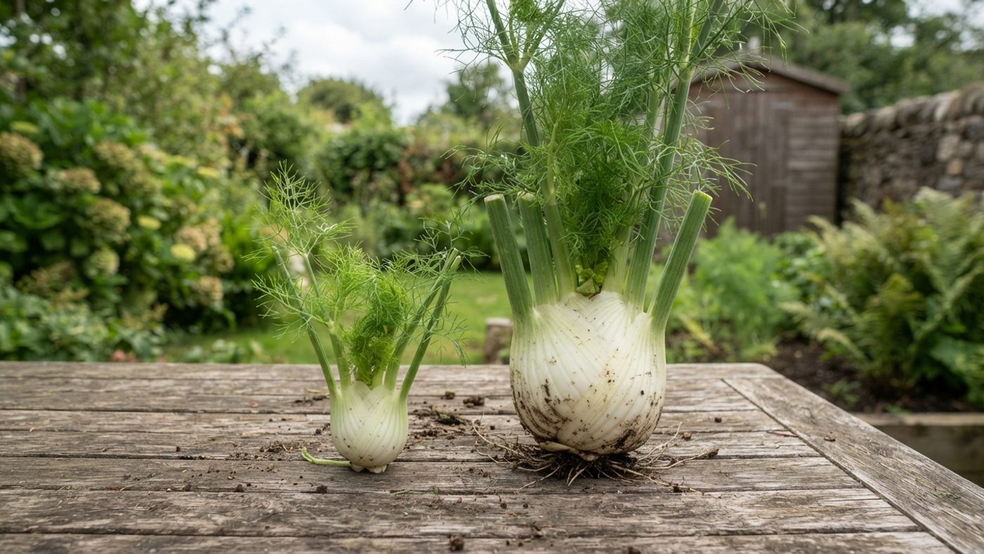 A small mini veg Florence fennel bulb next to a full-sized bulb, harvested side by side for size comparison