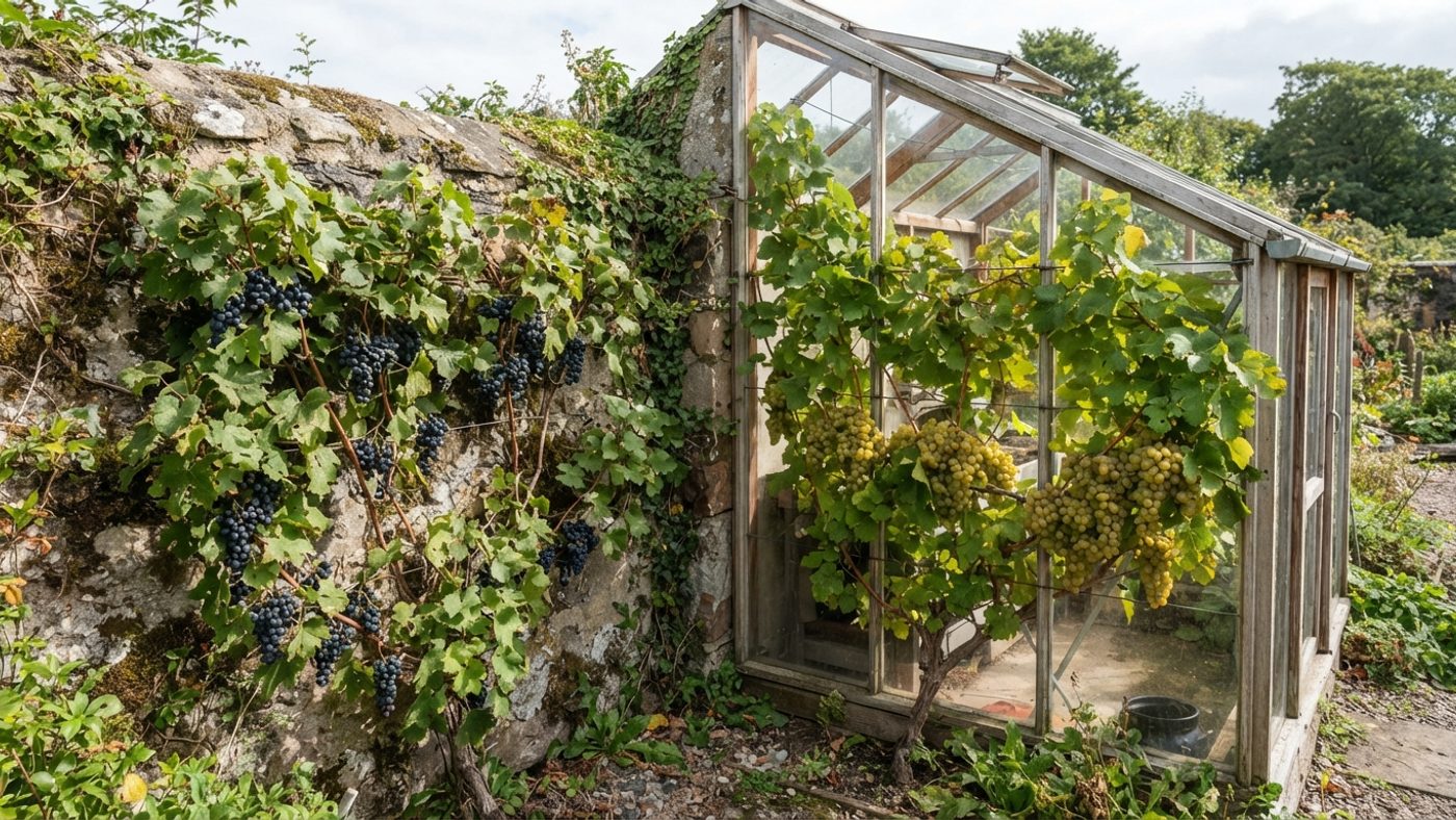 A grape vine outdoors against a wall with small dark blue-black bunches next to a grape vine under glass with large golden-green bunches