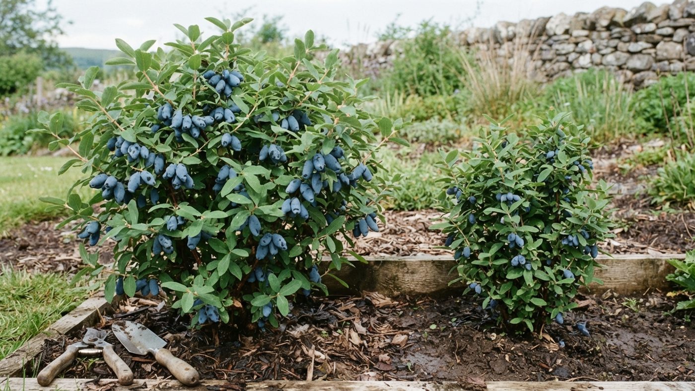 A tall spreading honeyberry shrub heavy with large oval blue berries next to a smaller, more compact honeyberry shrub