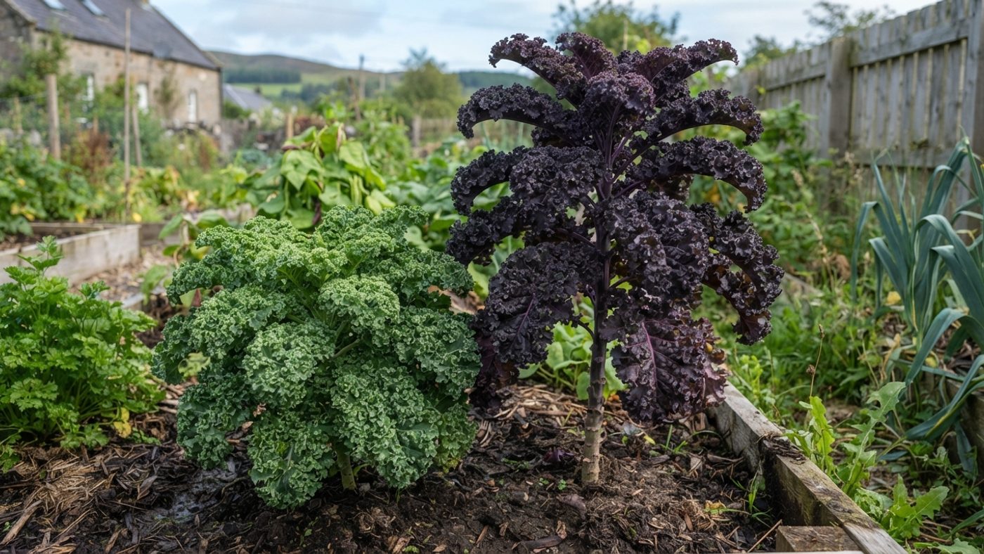 A compact green kale plant next to a much taller kale plant with dark red-purple curled leaves