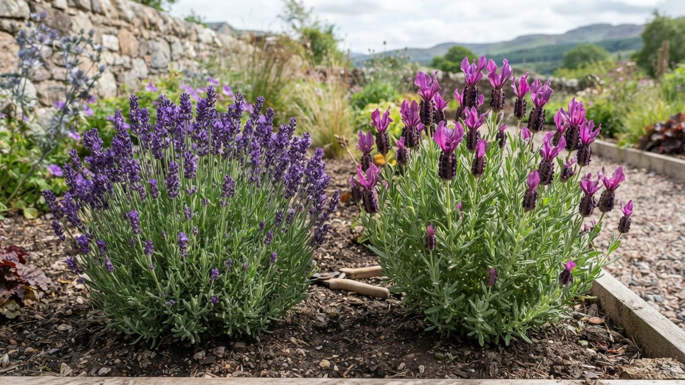 A lavender plant with plain narrow violet-purple flower spikes next to a lavender plant with tufted rabbit-ear-shaped purple flower heads