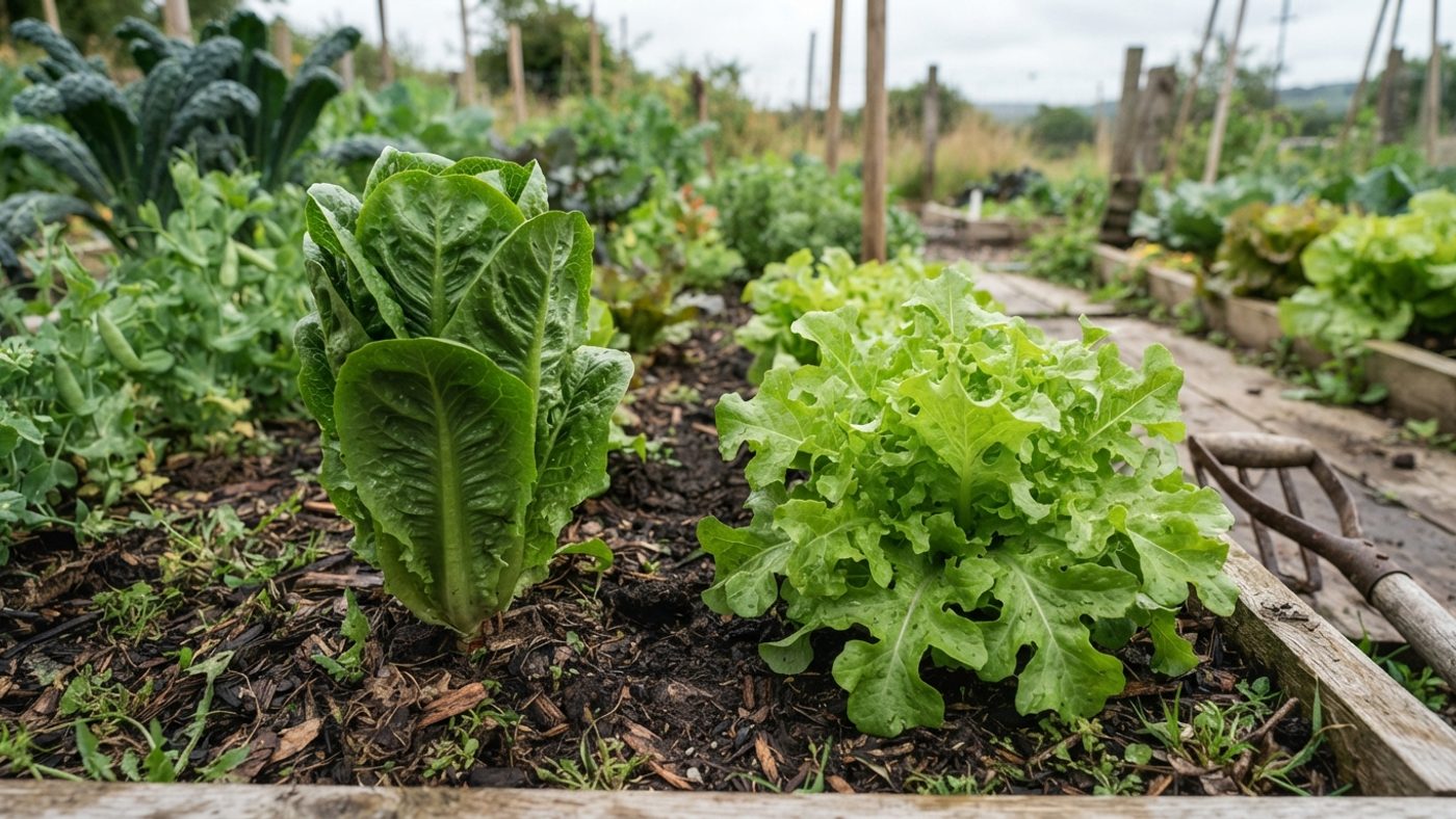 A compact upright Cos lettuce head next to a loose-leaf lettuce with deeply lobed outer leaves