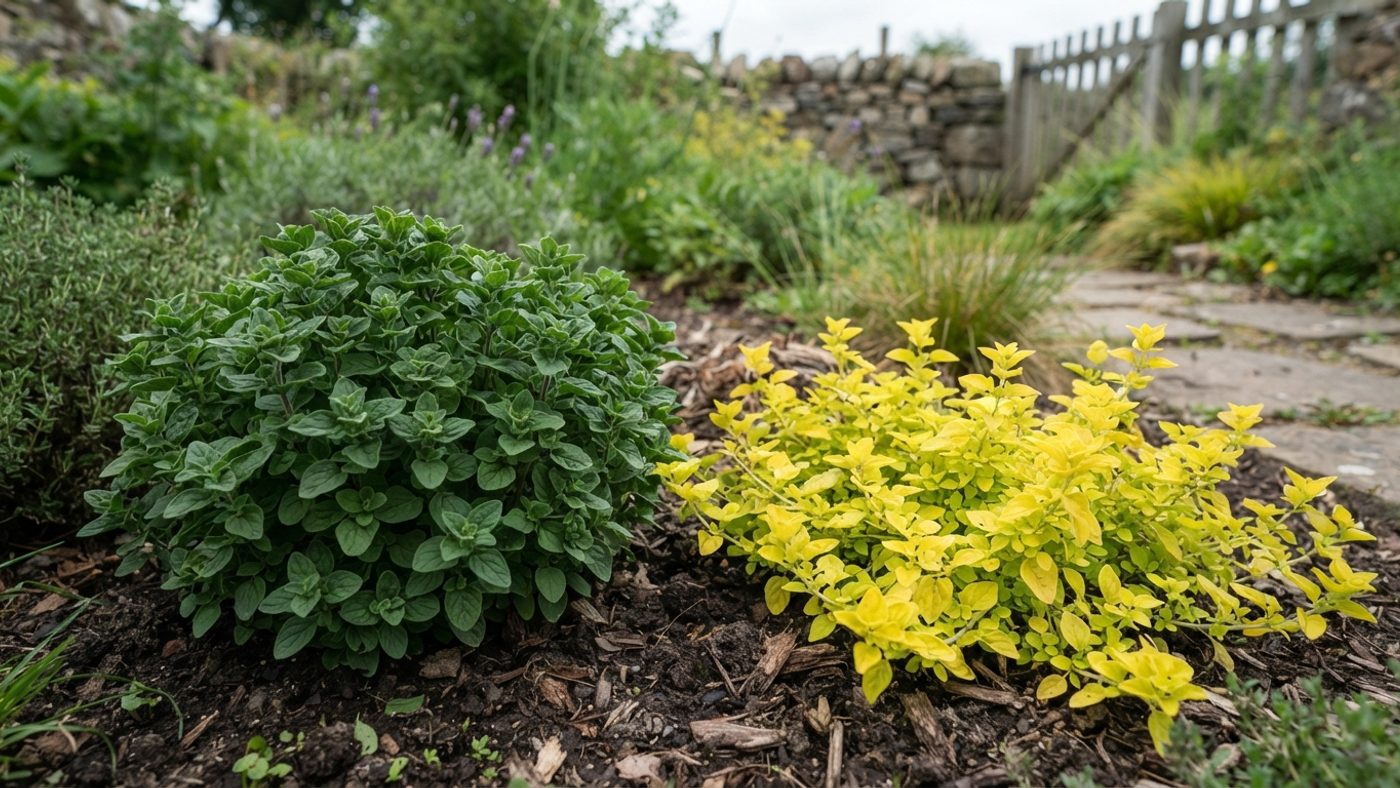 A mound-forming oregano plant with green leaves next to a spreading oregano plant with golden leaves