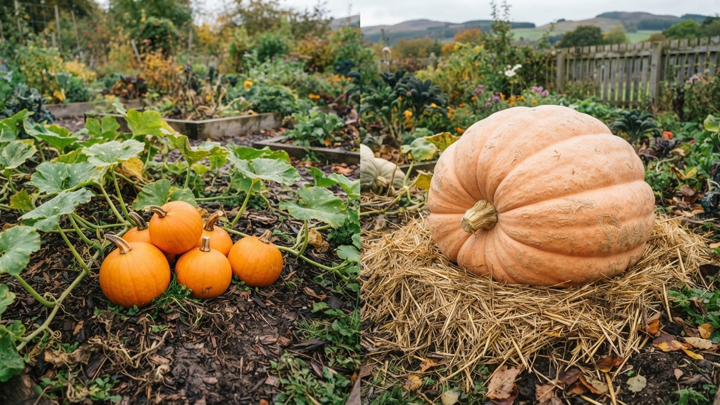 A cluster of palm-sized orange pumpkins next to a single enormous pale orange pumpkin