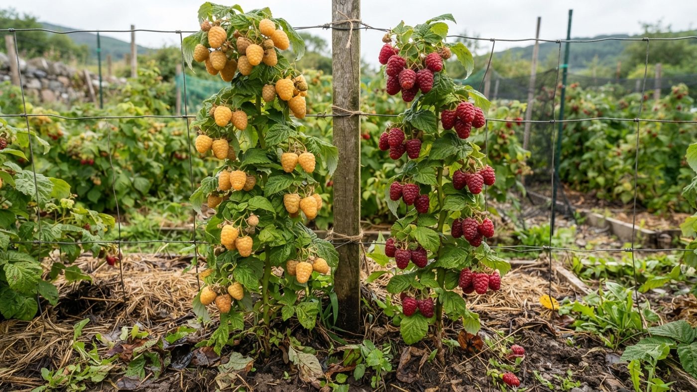 A raspberry cane with ripe golden-yellow berries next to a raspberry cane with ripe red berries