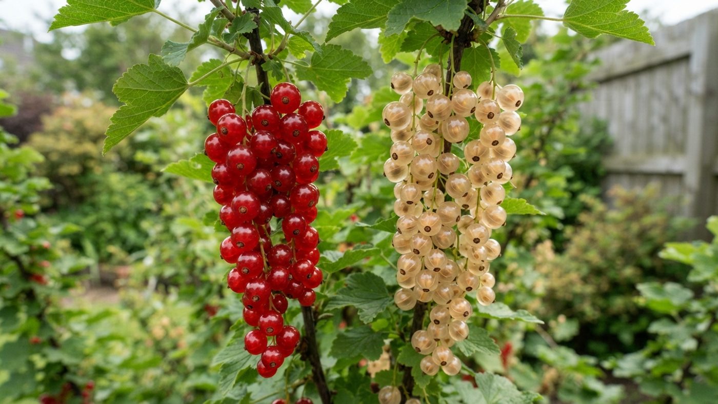 Long strigs of bright red currants next to long strigs of pearly white currants