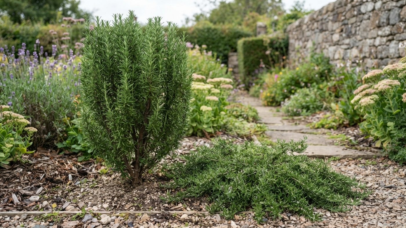 A tall upright rosemary shrub next to a low, ground-hugging trailing rosemary plant