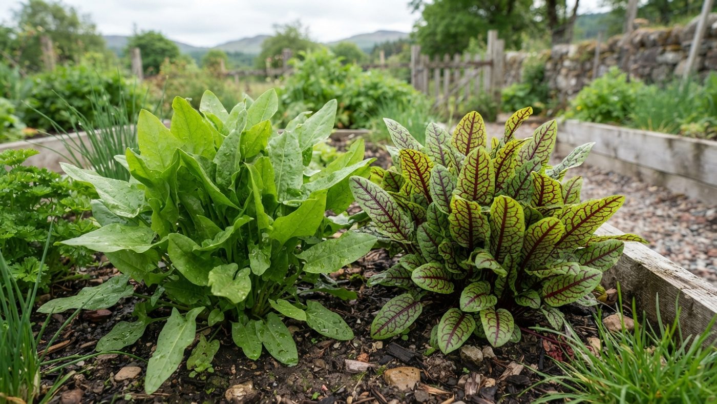 A clump of plain green sorrel leaves next to a clump of sorrel leaves with dark red veining