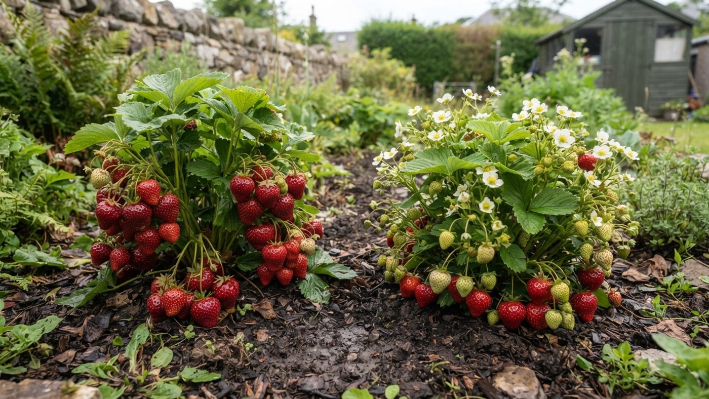 A strawberry plant covered in ripe red fruit with no flowers next to a strawberry plant with ripe fruit, unripe green fruit and open white flowers all at once