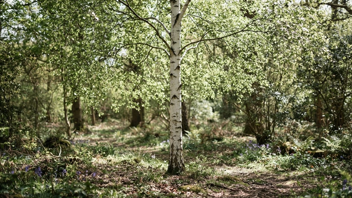 A silver birch with a narrow white trunk and open, airy canopy filtering light