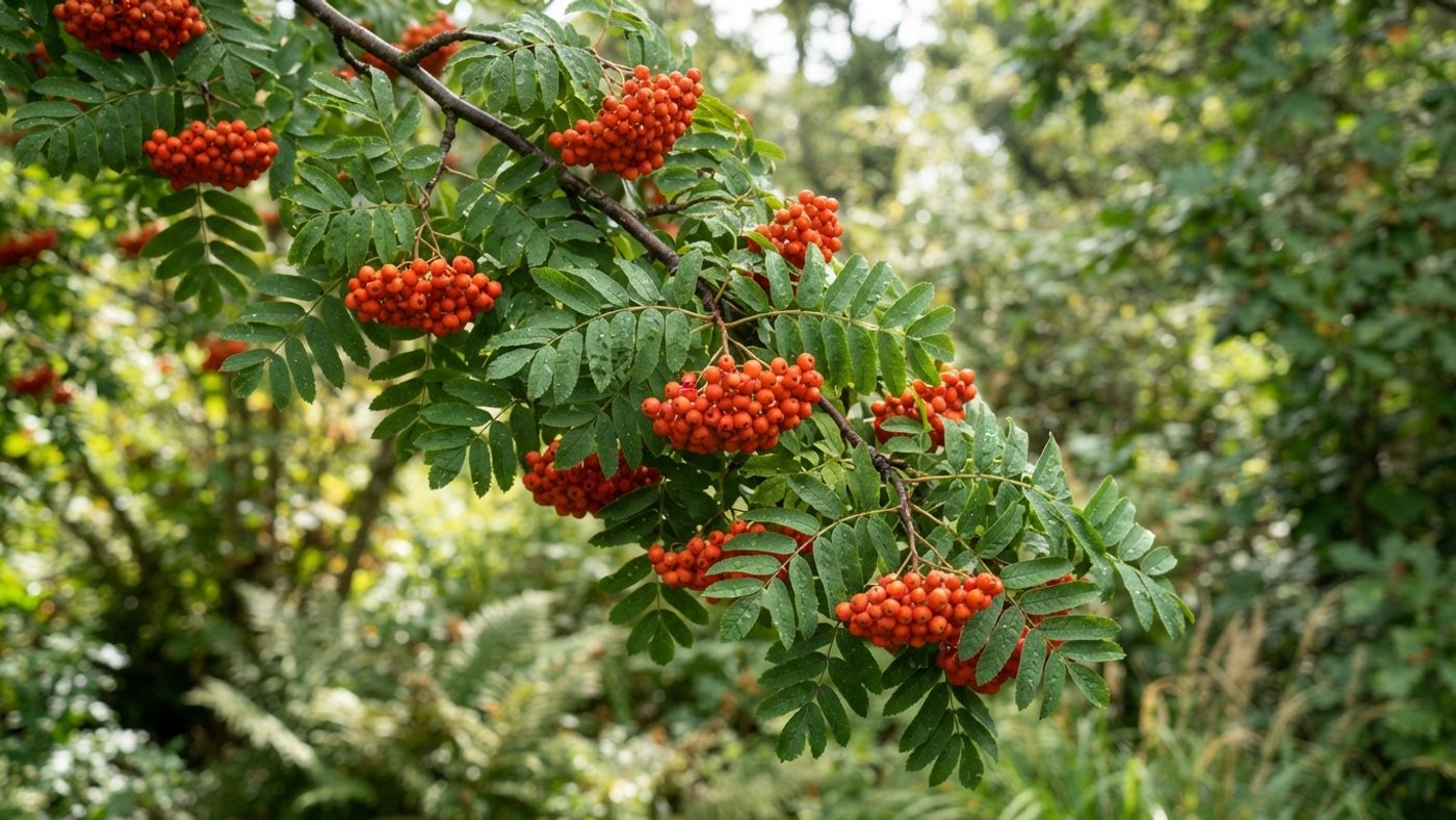A rowan tree with clusters of orange-red berries among green leaves