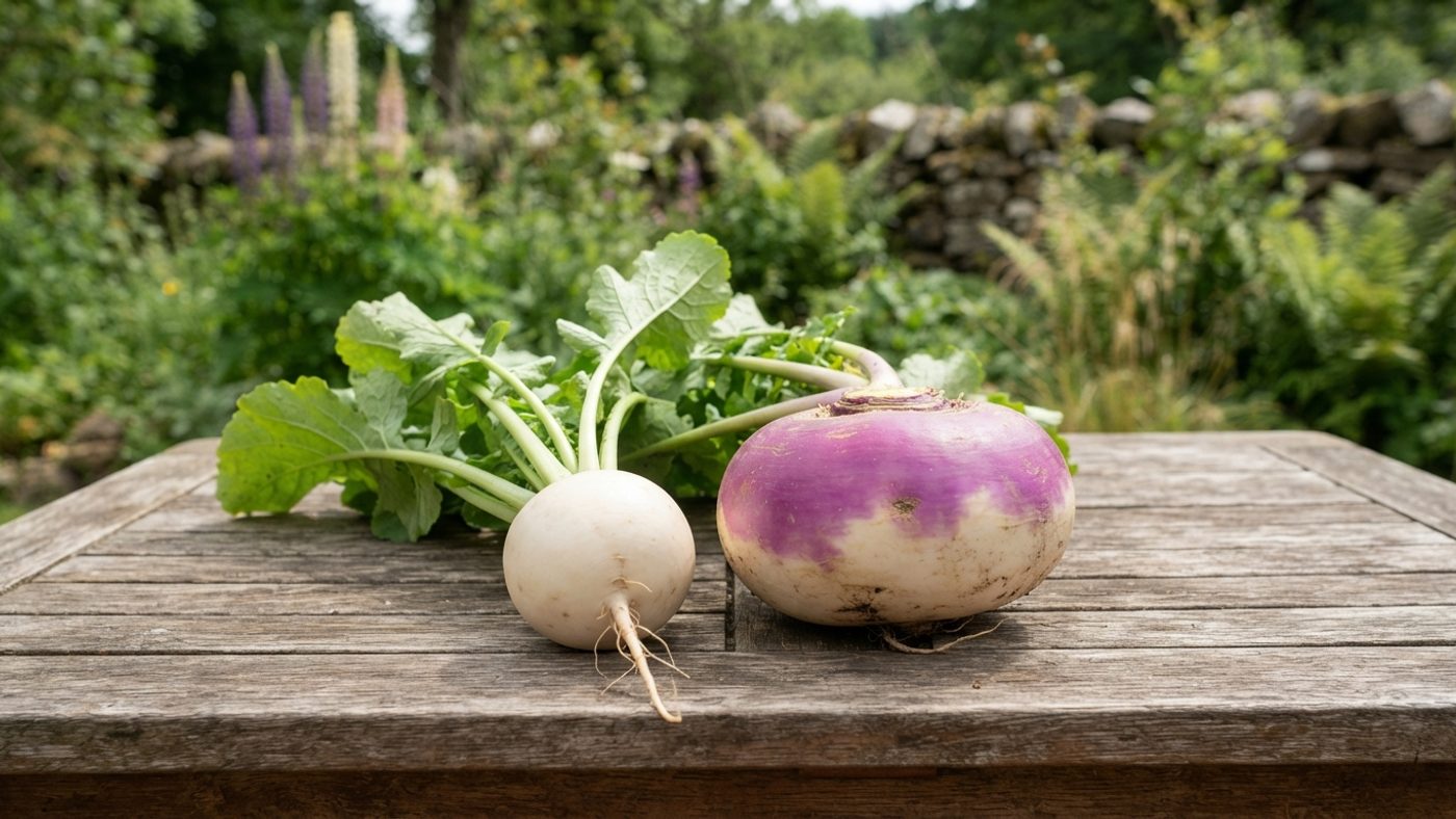 A small white salad turnip next to a larger purple-topped traditional turnip