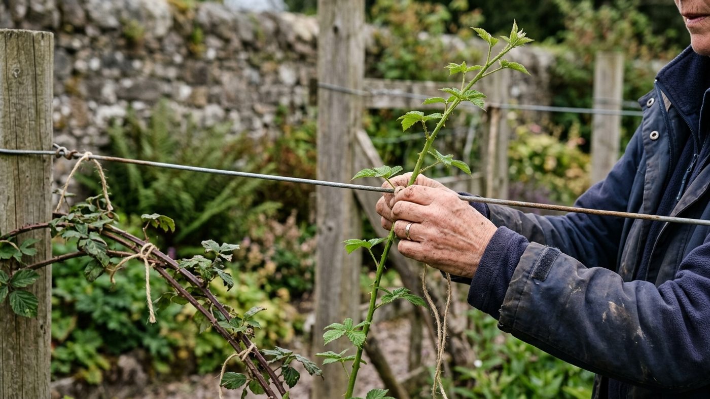 New blackberry canes tied to horizontal wires as they grow, kept separate from older fruiting canes