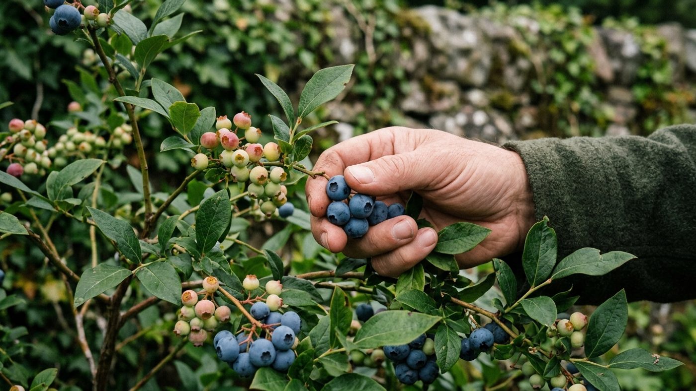 A hand picking only the deepest blue, fully ripe blueberries, leaving greener berries to keep ripening
