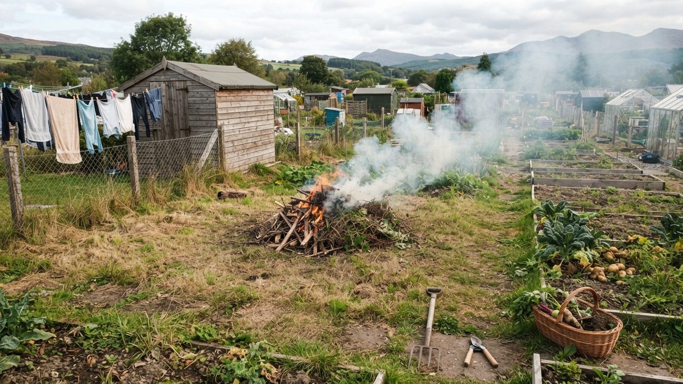 A small bonfire sited in open ground well away from a shed, fence and washing line, with smoke drifting clear of neighbouring plots