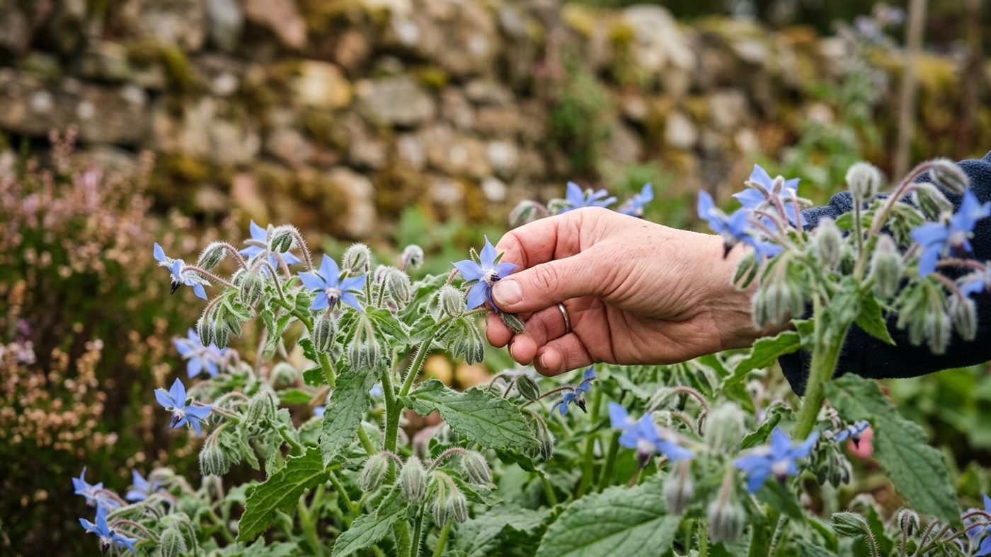 A hand picking sky-blue star-shaped borage flowers to garnish drinks and salads