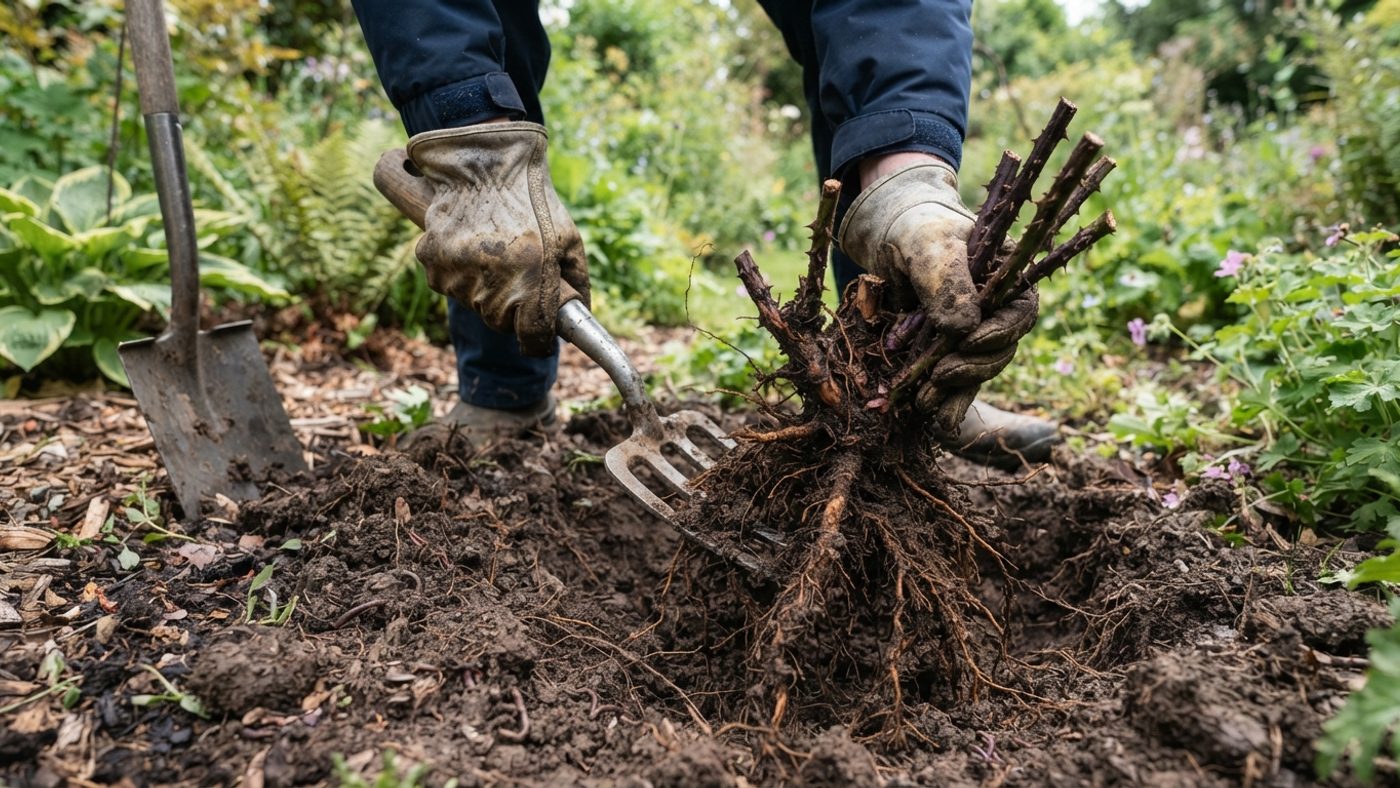 Hands digging out a bramble stump and root system from a garden bed with a spade and fork
