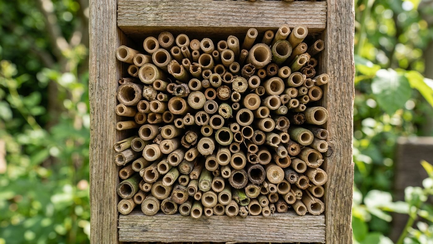 A close-up of bundled hollow stem tubes of varying diameters used in a bee hotel