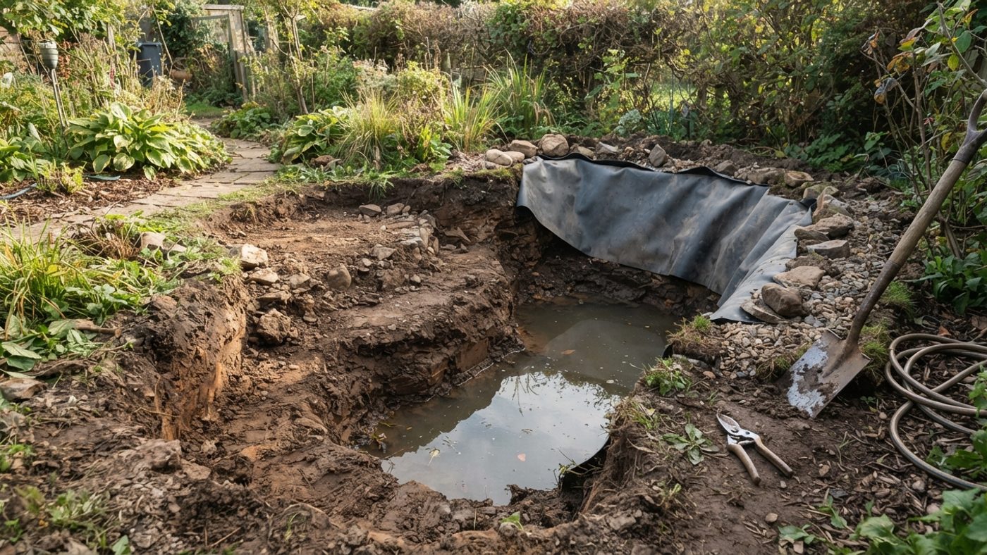 A cross-section view of a pond being dug with a shelving profile and one deep section