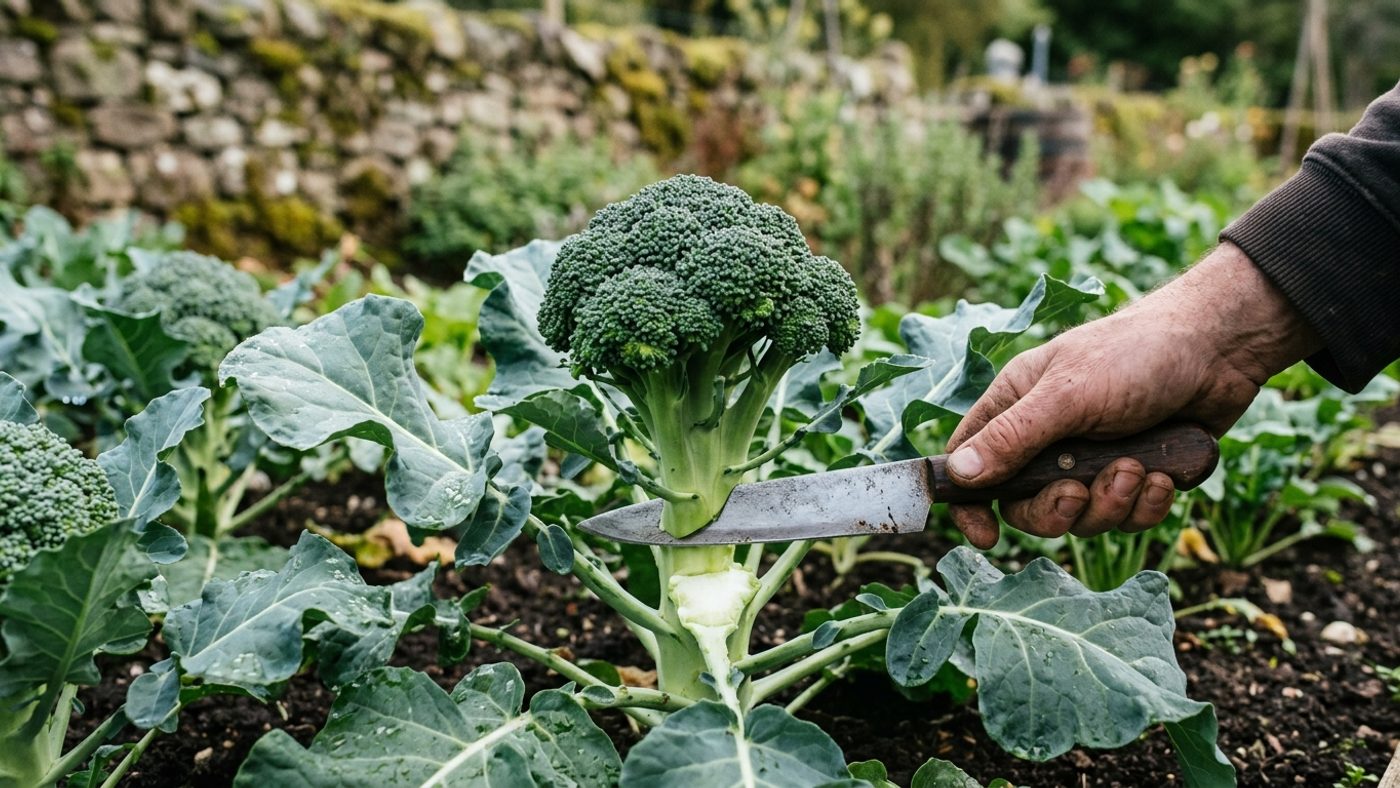 A knife cutting a large tight green calabrese head about 12cm across from the plant while still firm and in bud