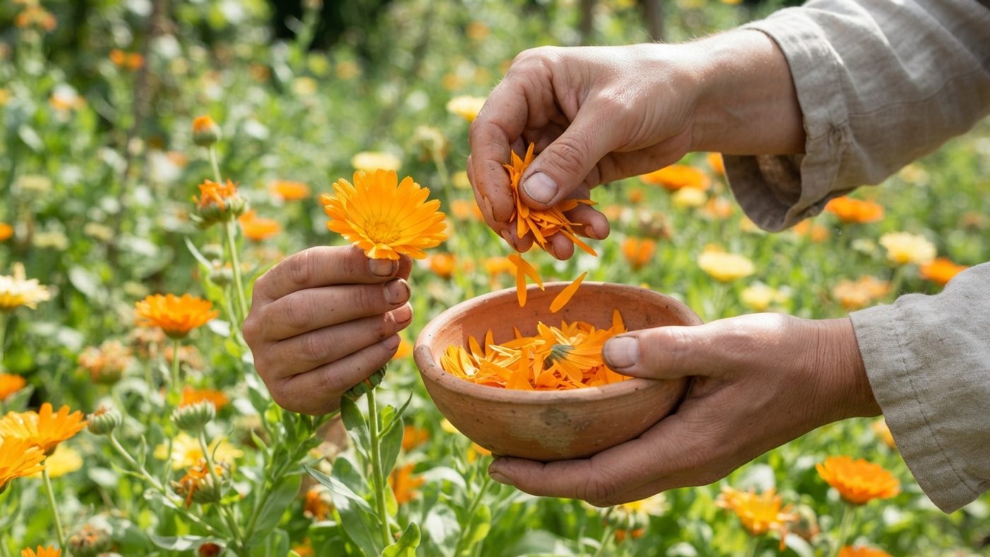 Hands picking calendula petals into a small bowl