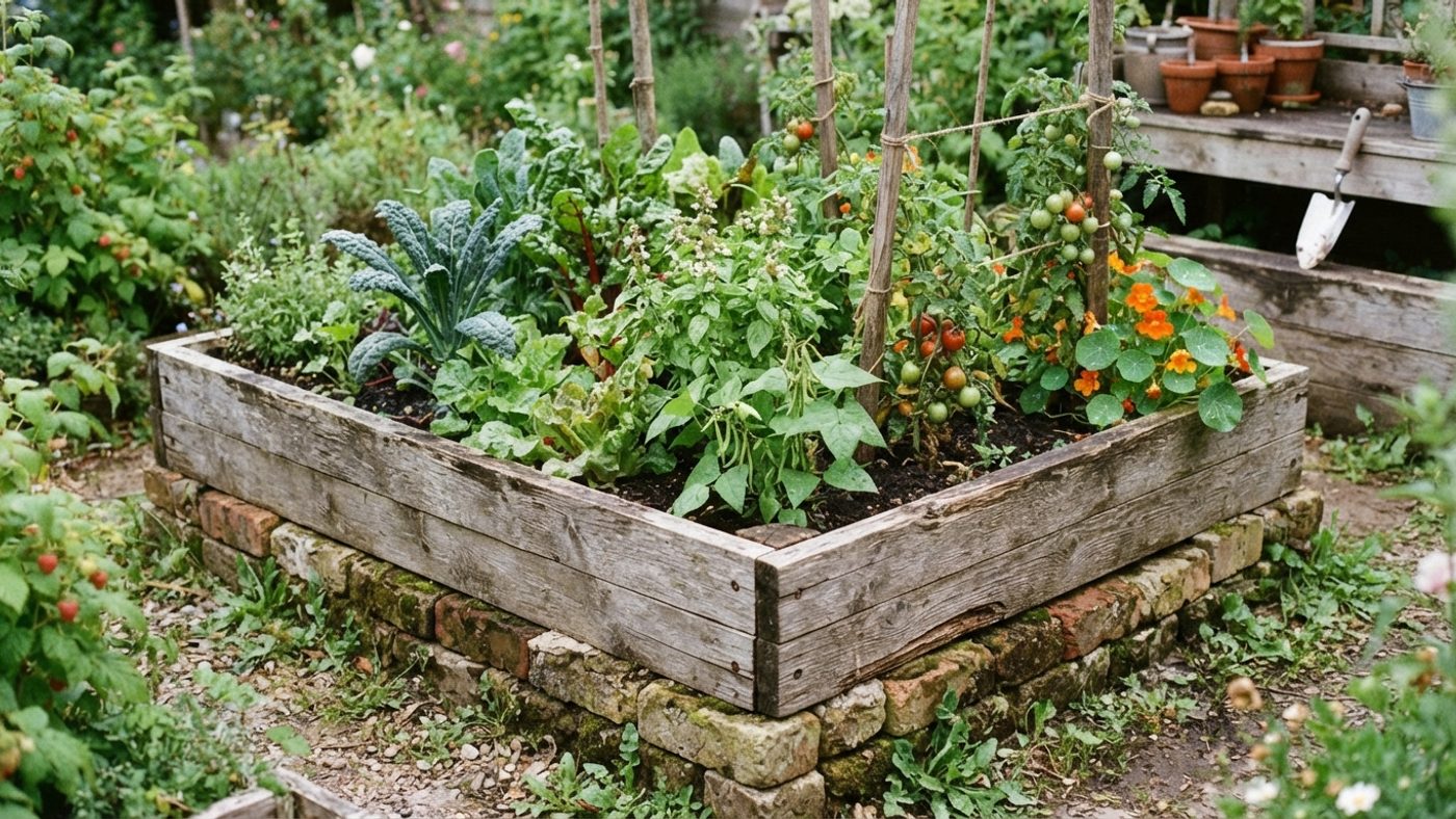A raised bed built from reclaimed timber and second-hand materials