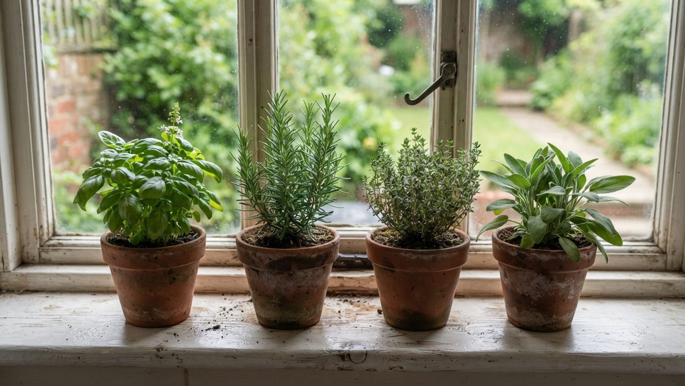 Small pots of basil, rosemary, thyme and sage lined up together on a bright windowsill
